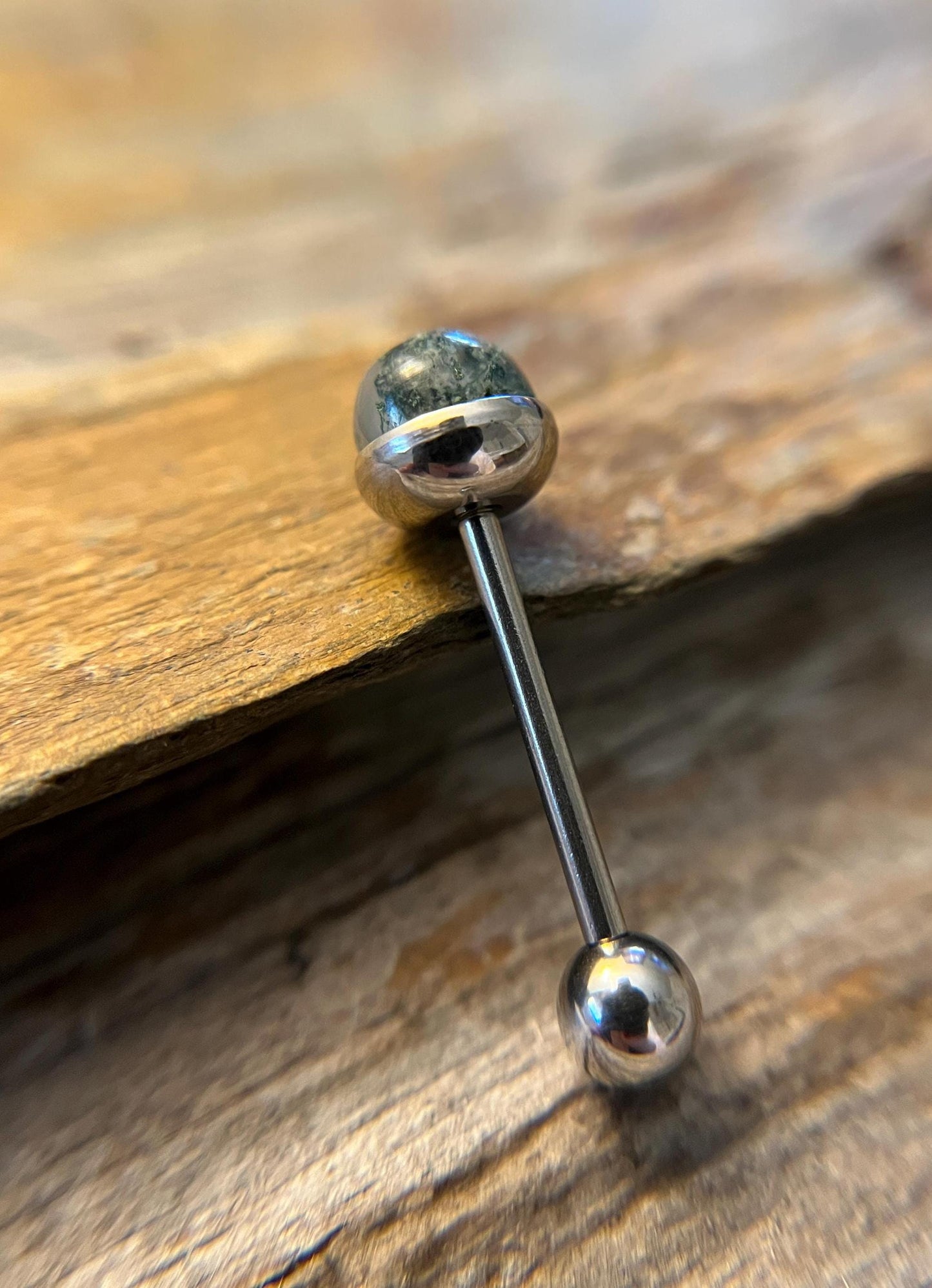 Natural Moss Agate Stone Tongue Ring Barbell 14G (1.6mm) Piercing Custom Length Bar Bezel Set Hypoallergenic 316L Surgical Steel