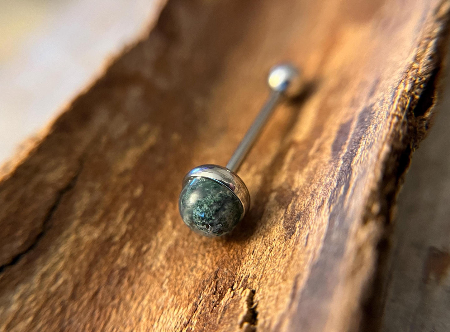 Natural Moss Agate Stone Tongue Ring Barbell 14G (1.6mm) Piercing Custom Length Bar Bezel Set Hypoallergenic 316L Surgical Steel