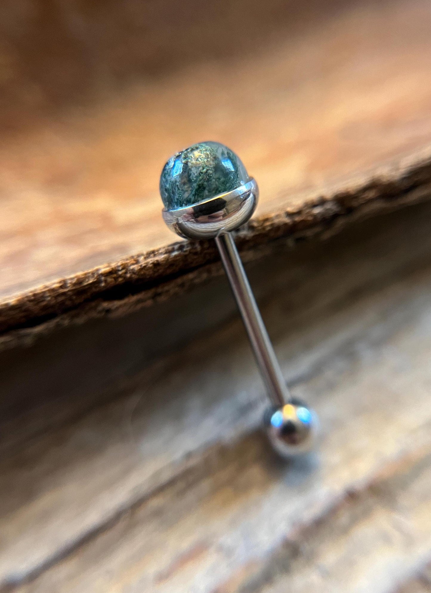 Natural Moss Agate Stone Tongue Ring Barbell 14G (1.6mm) Piercing Custom Length Bar Bezel Set Hypoallergenic 316L Surgical Steel