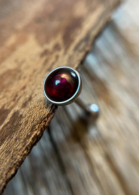 Genuine Natural Red Garnet Stone Tongue Ring Barbell 14G (1.6mm) Piercing Custom Length Bar Bezel Set Hypoallergenic 316L Surgical Steel