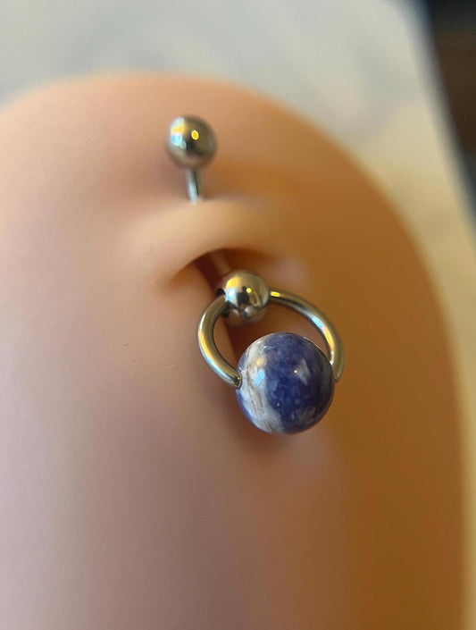 Natural Blue Sodalite Heavy Stone Slave Knocker Floating Belly Navel VCH Christina Barbell 14G (1.6mm) Piercing Steel Ring Large Size