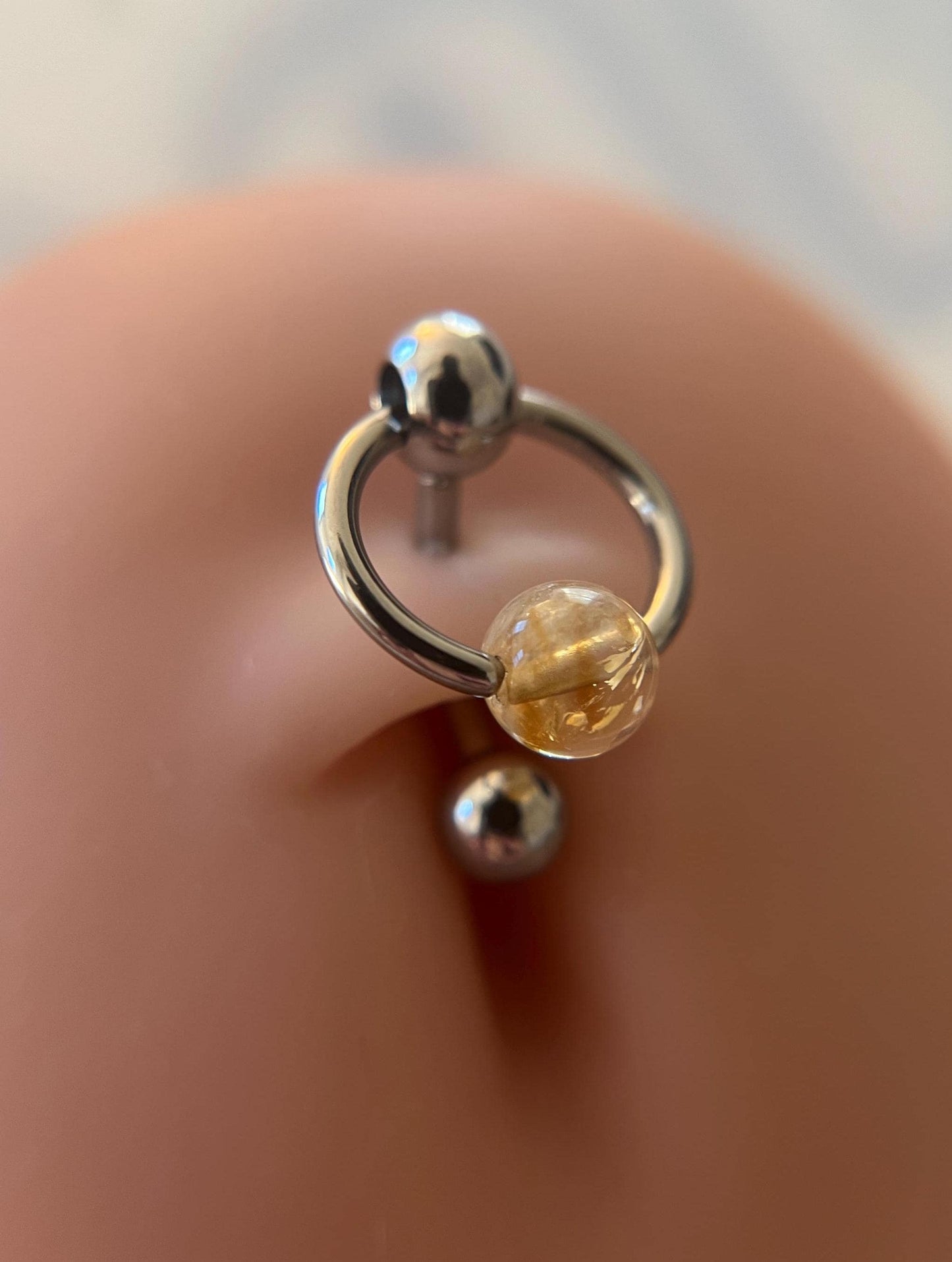 Natural Golden Citrine Stone Slave Knocker Floating Belly Navel VCH Christina Barbell 14G (1.6mm) Piercing 316L Surgical Steel Bar Ring