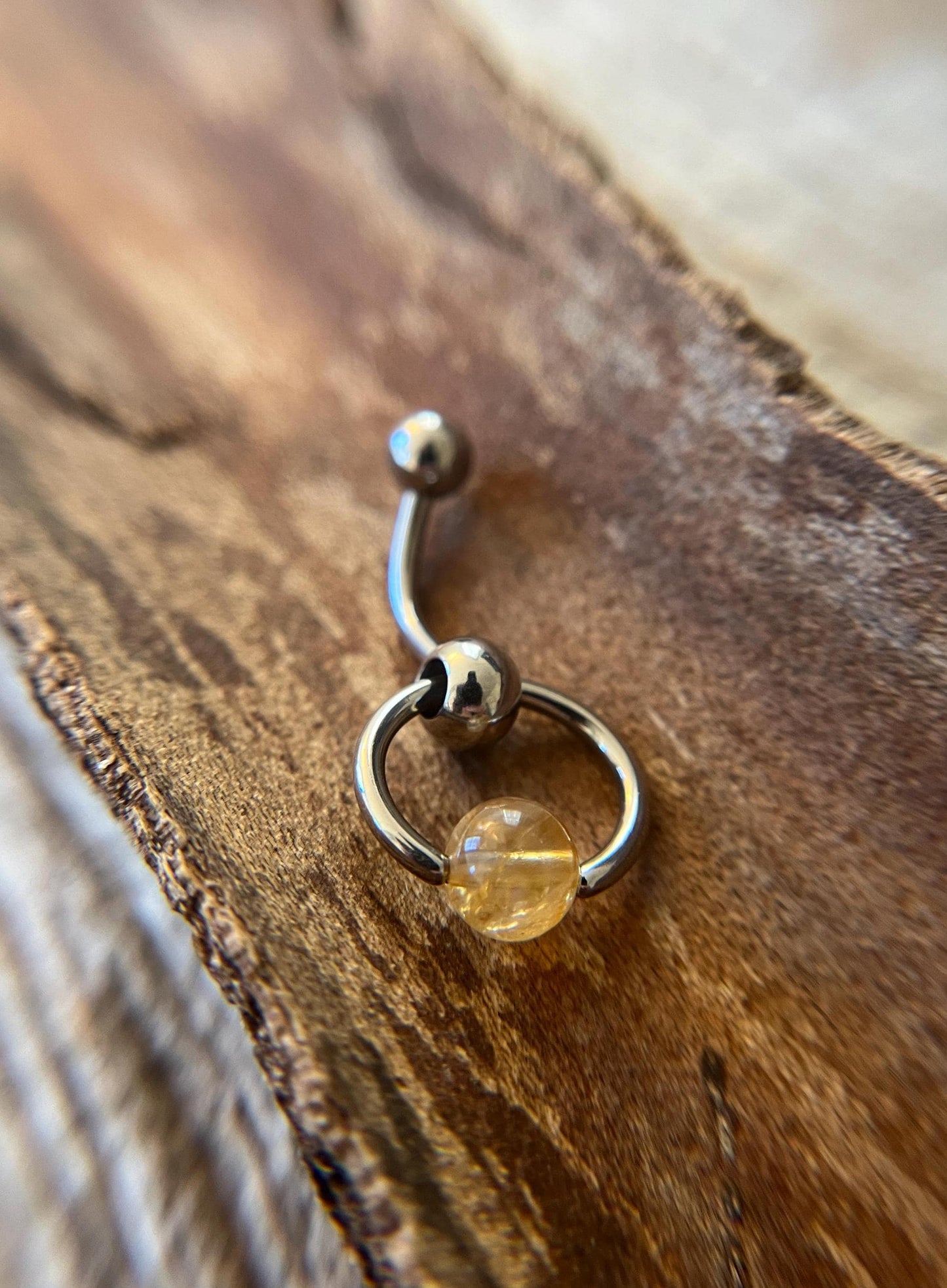 Natural Golden Citrine Stone Slave Knocker Floating Belly Navel VCH Christina Barbell 14G (1.6mm) Piercing 316L Surgical Steel Bar Ring