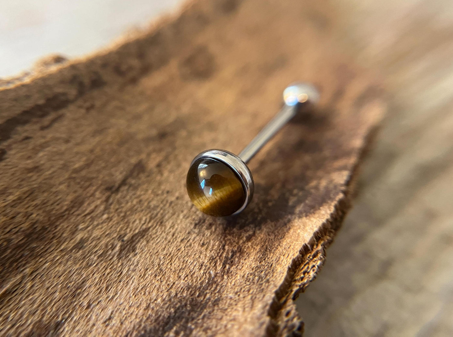 Natural Yellow Tiger's Eye Stone Tongue Ring Barbell 14G (1.6mm) Piercing Custom Length Bar Bezel Set Hypoallergenic 316L Surgical Steel