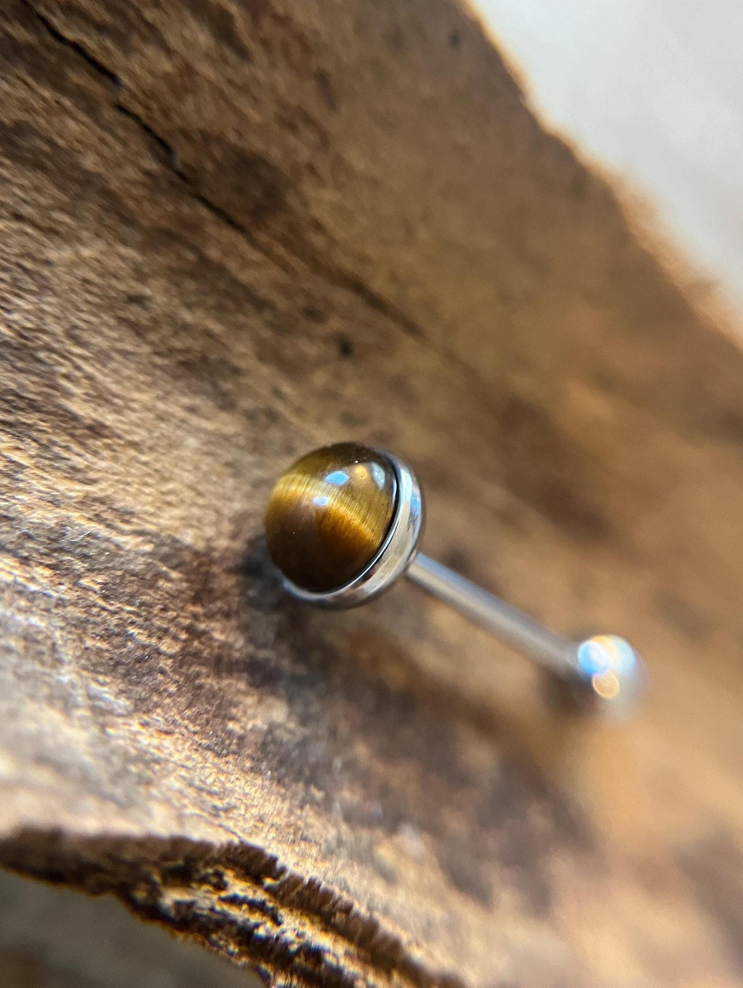 Natural Yellow Tiger's Eye Stone Tongue Ring Barbell 14G (1.6mm) Piercing Custom Length Bar Bezel Set Hypoallergenic 316L Surgical Steel