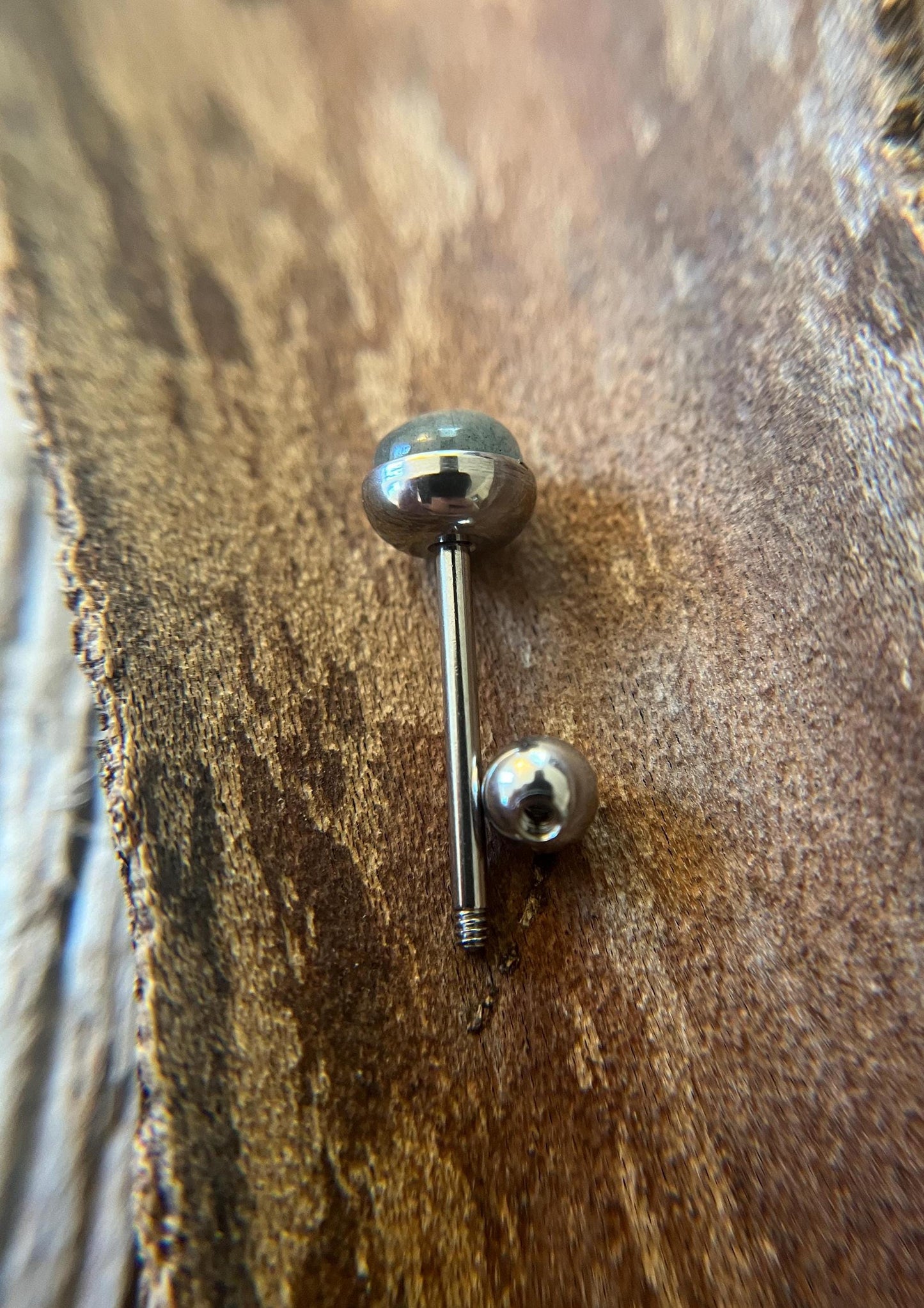 Natural Flash Labradorite Stone Tongue Ring Barbell 14G (1.6mm) Piercing Custom Length Bar Bezel Set Hypoallergenic 316L Surgical Steel