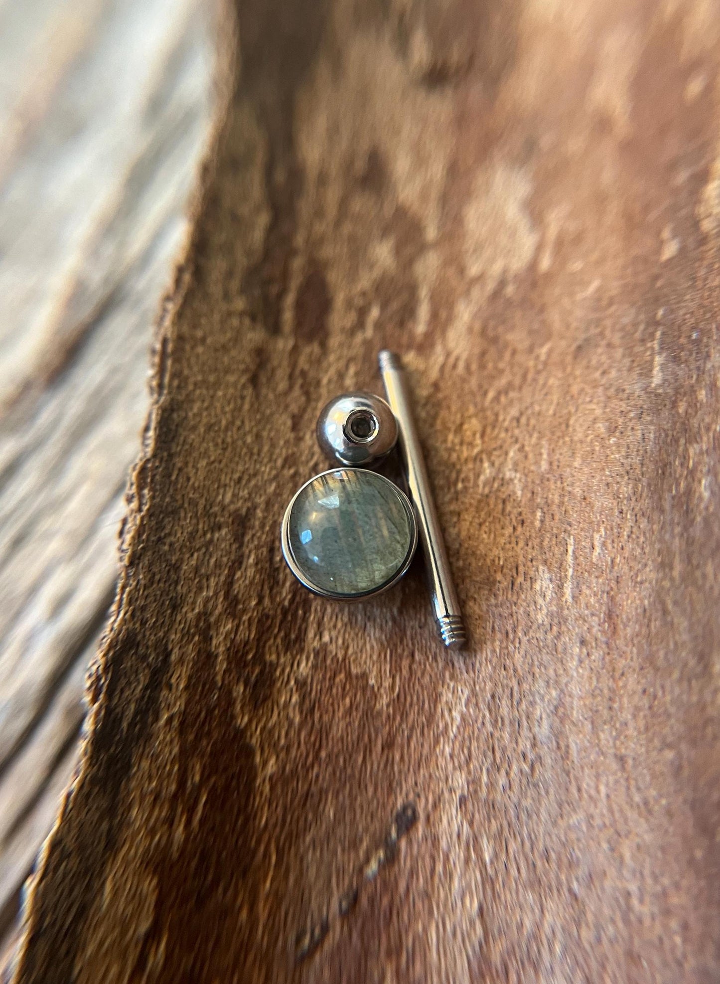 Natural Flash Labradorite Stone Tongue Ring Barbell 14G (1.6mm) Piercing Custom Length Bar Bezel Set Hypoallergenic 316L Surgical Steel