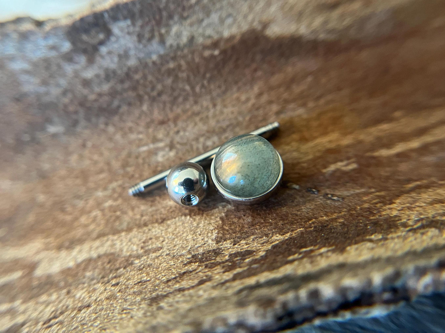 Natural Flash Labradorite Stone Tongue Ring Barbell 14G (1.6mm) Piercing Custom Length Bar Bezel Set Hypoallergenic 316L Surgical Steel