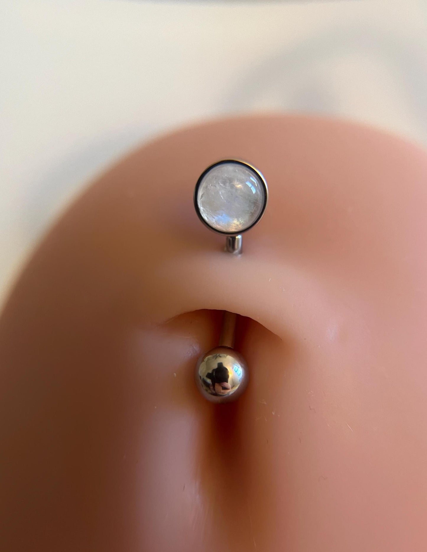 Natural Rainbow Moonstone Stone Belly Ring Floating Navel VCH Piercing Barbell 14G (1.6mm) Custom Length Bar Bezel Set 316L Surgical Steel