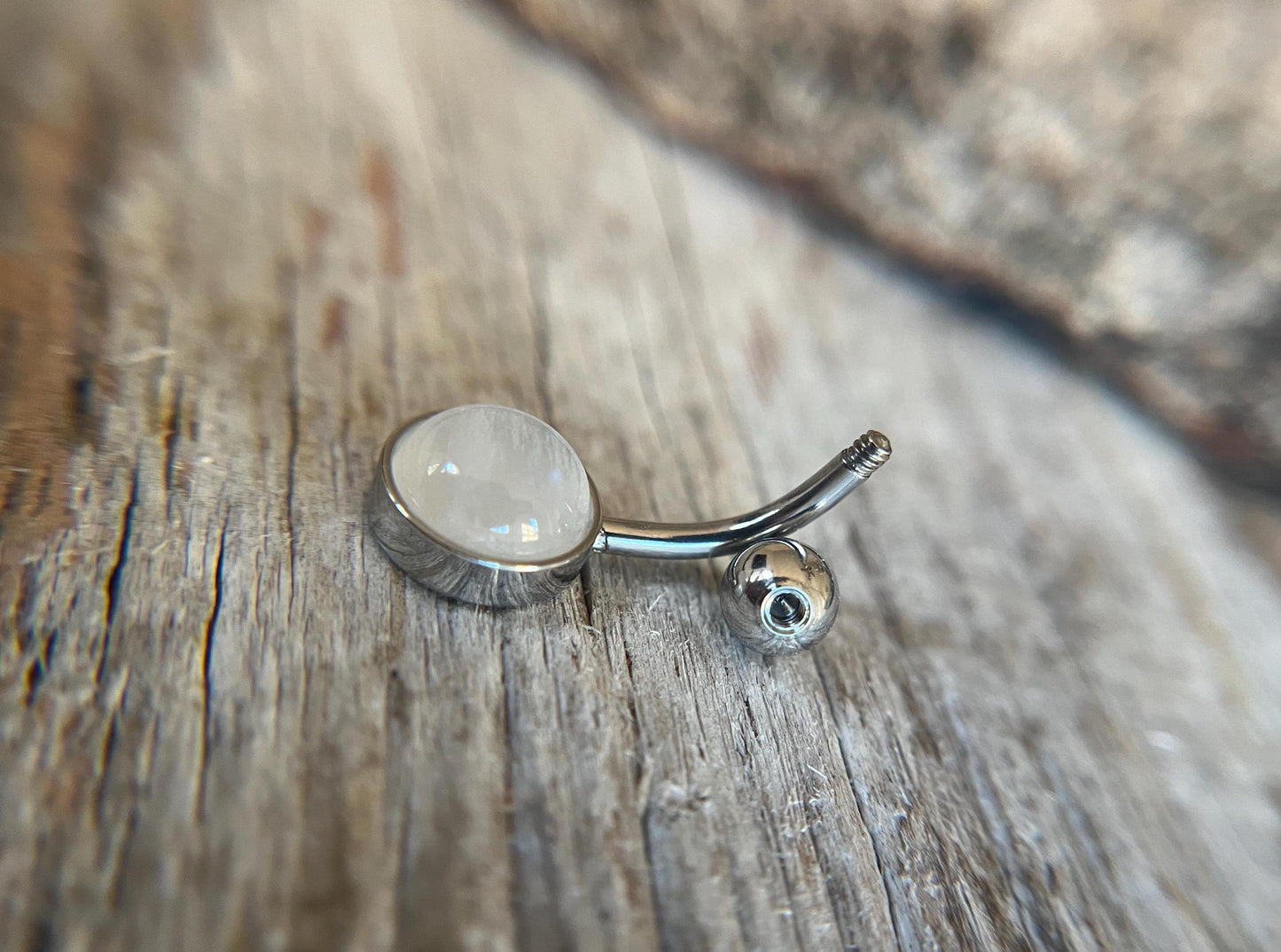Natural Rainbow Moonstone Stone Belly Ring Floating Navel VCH Piercing Barbell 14G (1.6mm) Custom Length Bar Bezel Set 316L Surgical Steel