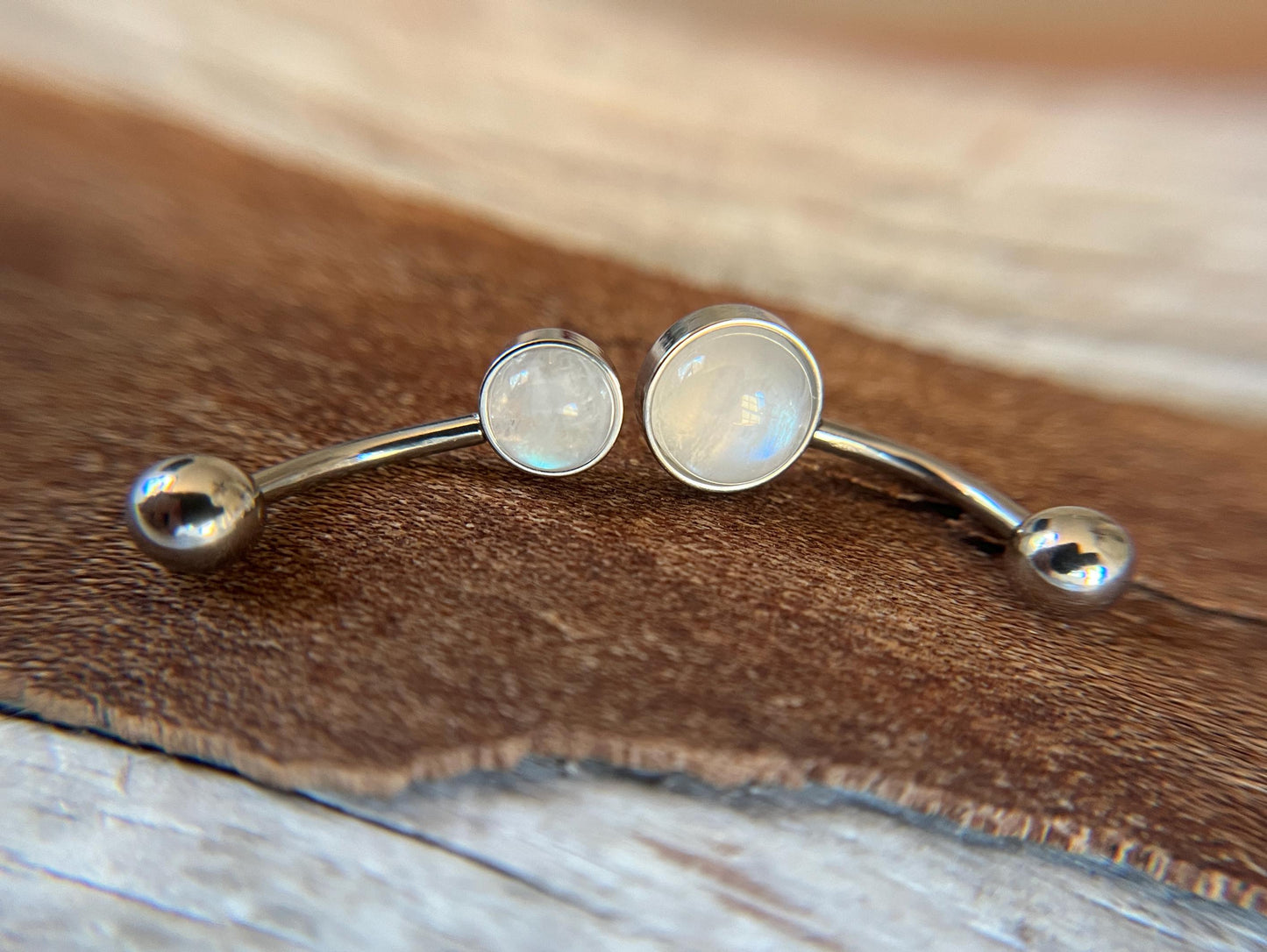 Natural Rainbow Moonstone Stone Belly Ring Floating Navel VCH Piercing Barbell 14G (1.6mm) Custom Length Bar Bezel Set 316L Surgical Steel