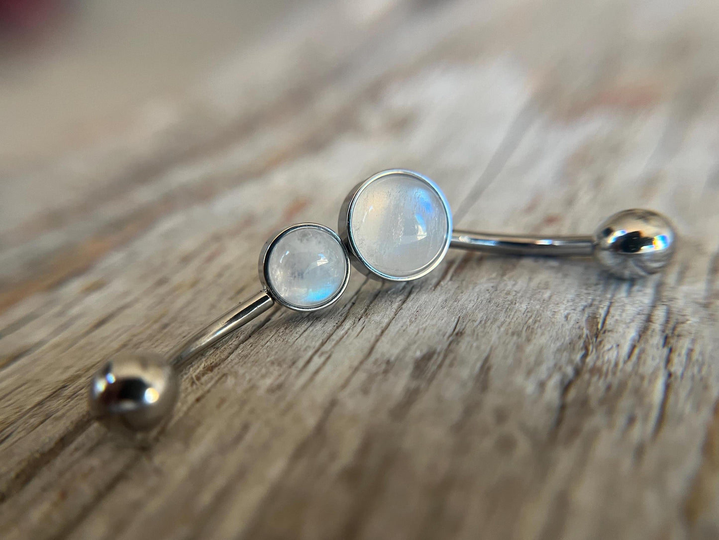 Natural Rainbow Moonstone Stone Belly Ring Floating Navel VCH Piercing Barbell 14G (1.6mm) Custom Length Bar Bezel Set 316L Surgical Steel