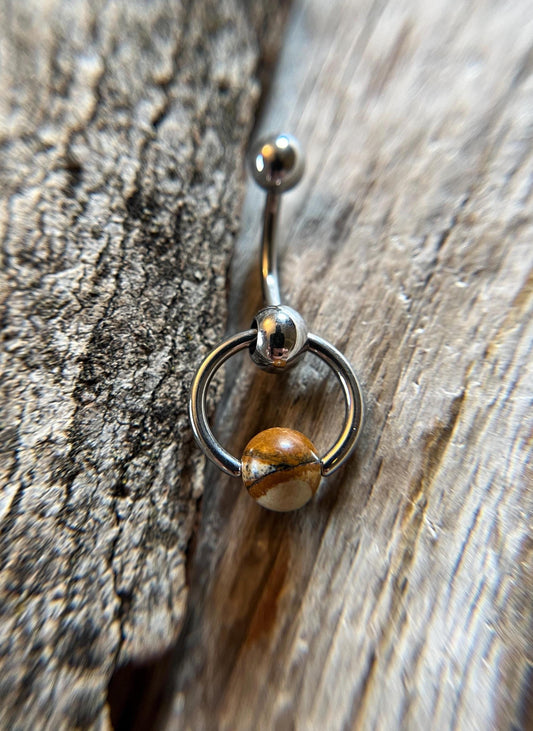 Natural Picture Jasper Stone Slave Knocker Floating Belly Navel VCH Christina Barbell 14G (1.6mm) Piercing 316L Surgical Steel Bar Ring