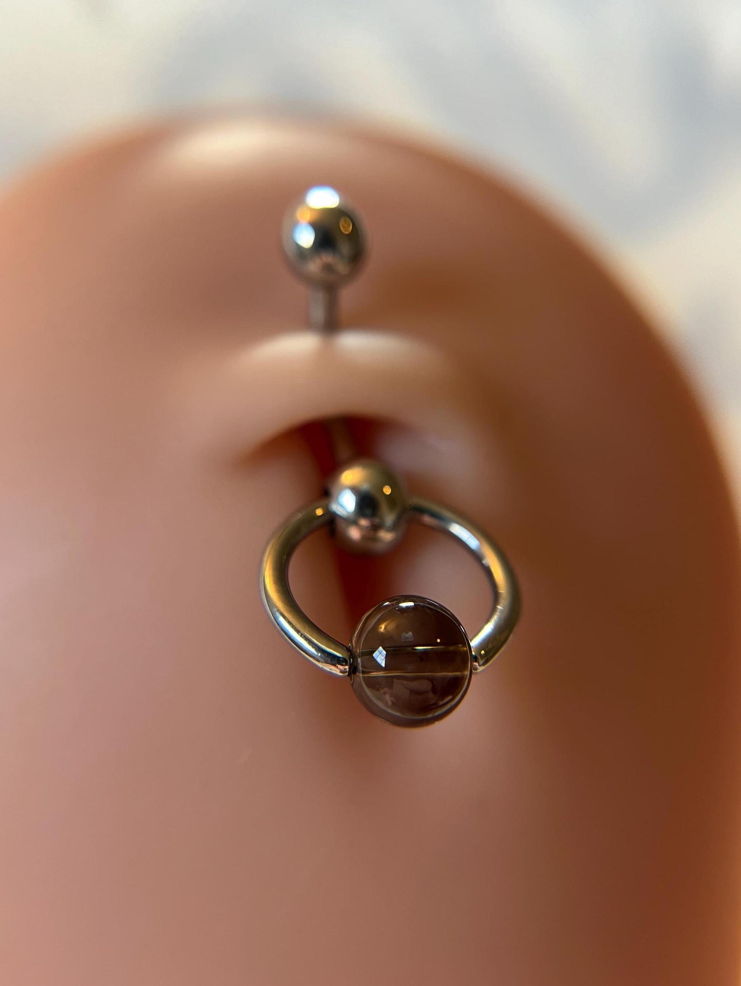 Natural Smoky Quartz Stone Slave Knocker Floating Belly Navel VCH Christina Barbell 14G (1.6mm) Piercing 316L Surgical Steel Bar Ring