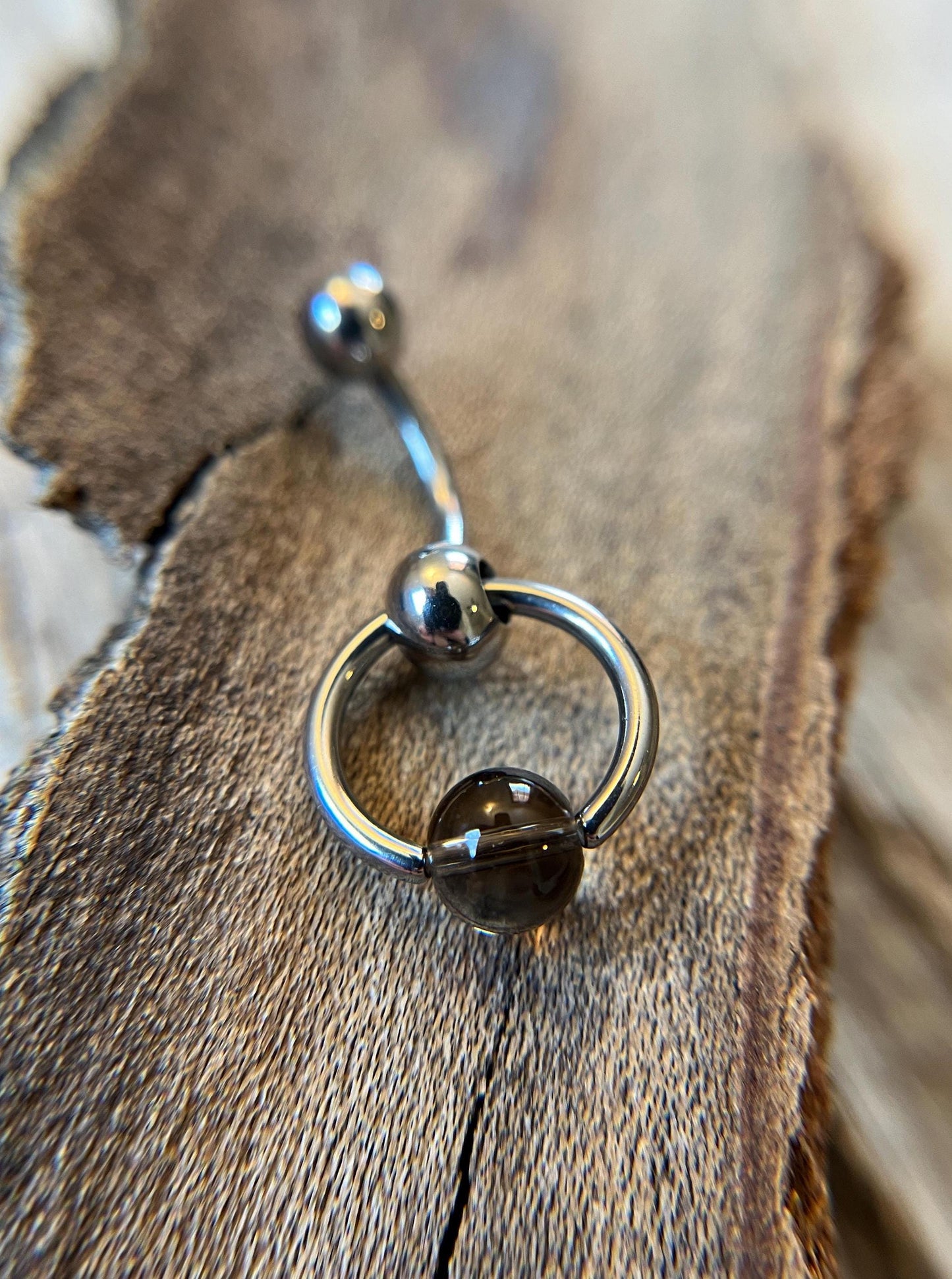 Natural Smoky Quartz Stone Slave Knocker Floating Belly Navel VCH Christina Barbell 14G (1.6mm) Piercing 316L Surgical Steel Bar Ring