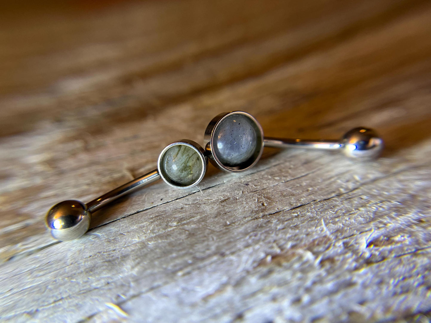 Natural Flash Labradorite Stone Belly Ring Floating Navel VCH Piercing Barbell 14G (1.6mm) Custom Length Bar Bezel Set 316L Surgical Steel