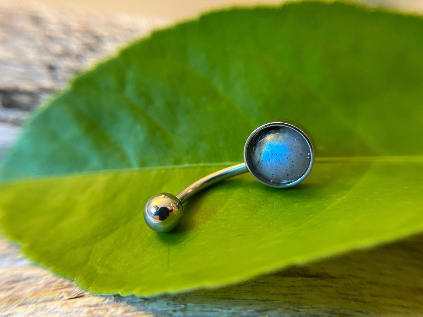Natural Flash Labradorite Stone Belly Ring Floating Navel VCH Piercing Barbell 14G (1.6mm) Custom Length Bar Bezel Set 316L Surgical Steel