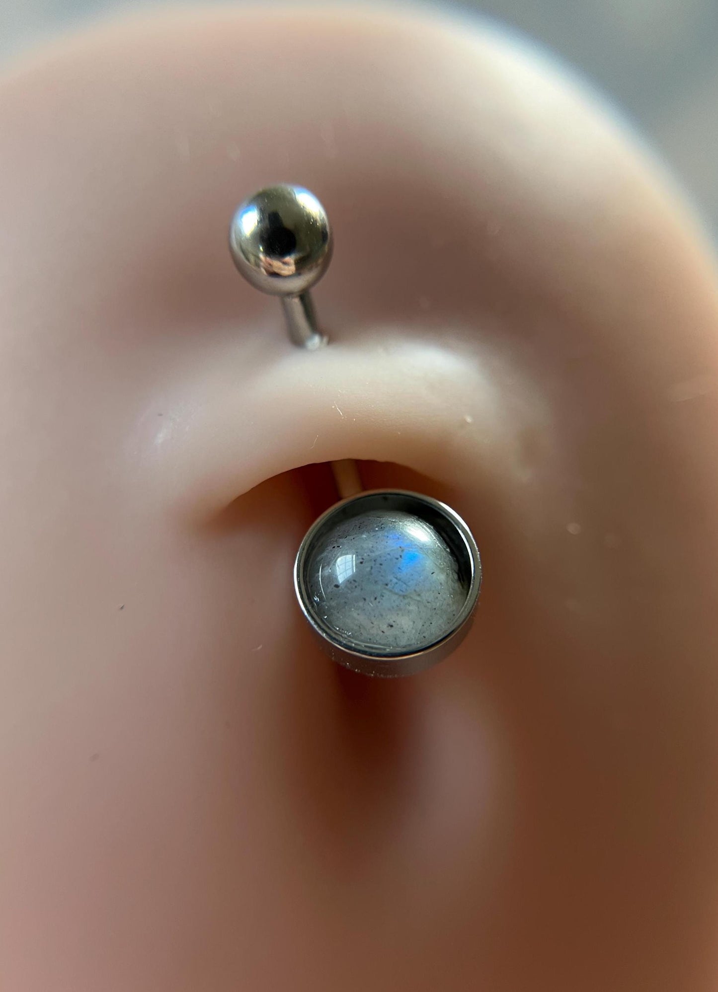 Natural Flash Labradorite Stone Belly Ring Floating Navel VCH Piercing Barbell 14G (1.6mm) Custom Length Bar Bezel Set 316L Surgical Steel