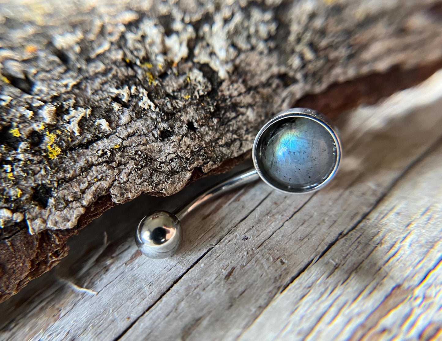 Natural Flash Labradorite Stone Belly Ring Floating Navel VCH Piercing Barbell 14G (1.6mm) Custom Length Bar Bezel Set 316L Surgical Steel
