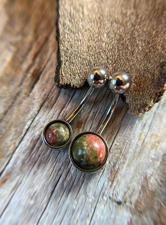 Natural Unakite Stone Belly Ring Floating Navel VCH Piercing Barbell 14G (1.6mm) Custom Length Bar Stone Size Bezel Set 316L Surgical Steel