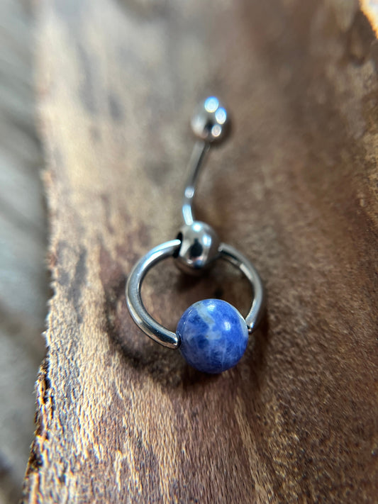 Natural Blue Sodalite Stone Slave Knocker Floating Belly Navel VCH Christina Barbell 14G (1.6mm) Piercing 316L Surgical Steel Bar Ring