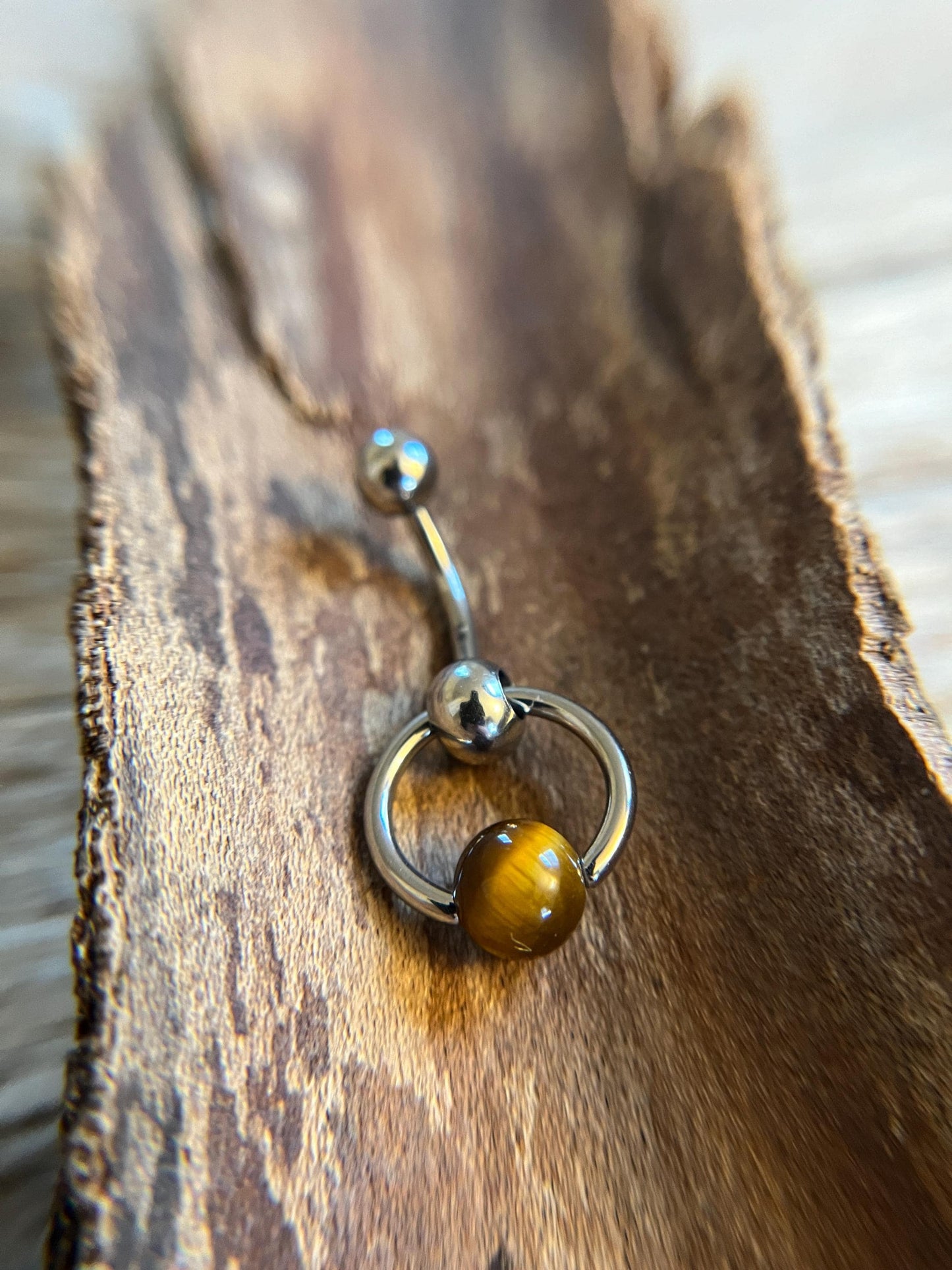 Natural Yellow Tiger's Eye Stone Slave Knocker Floating Belly Navel VCH Christina Barbell 14G (1.6mm) Piercing 316L Surgical Steel Ring