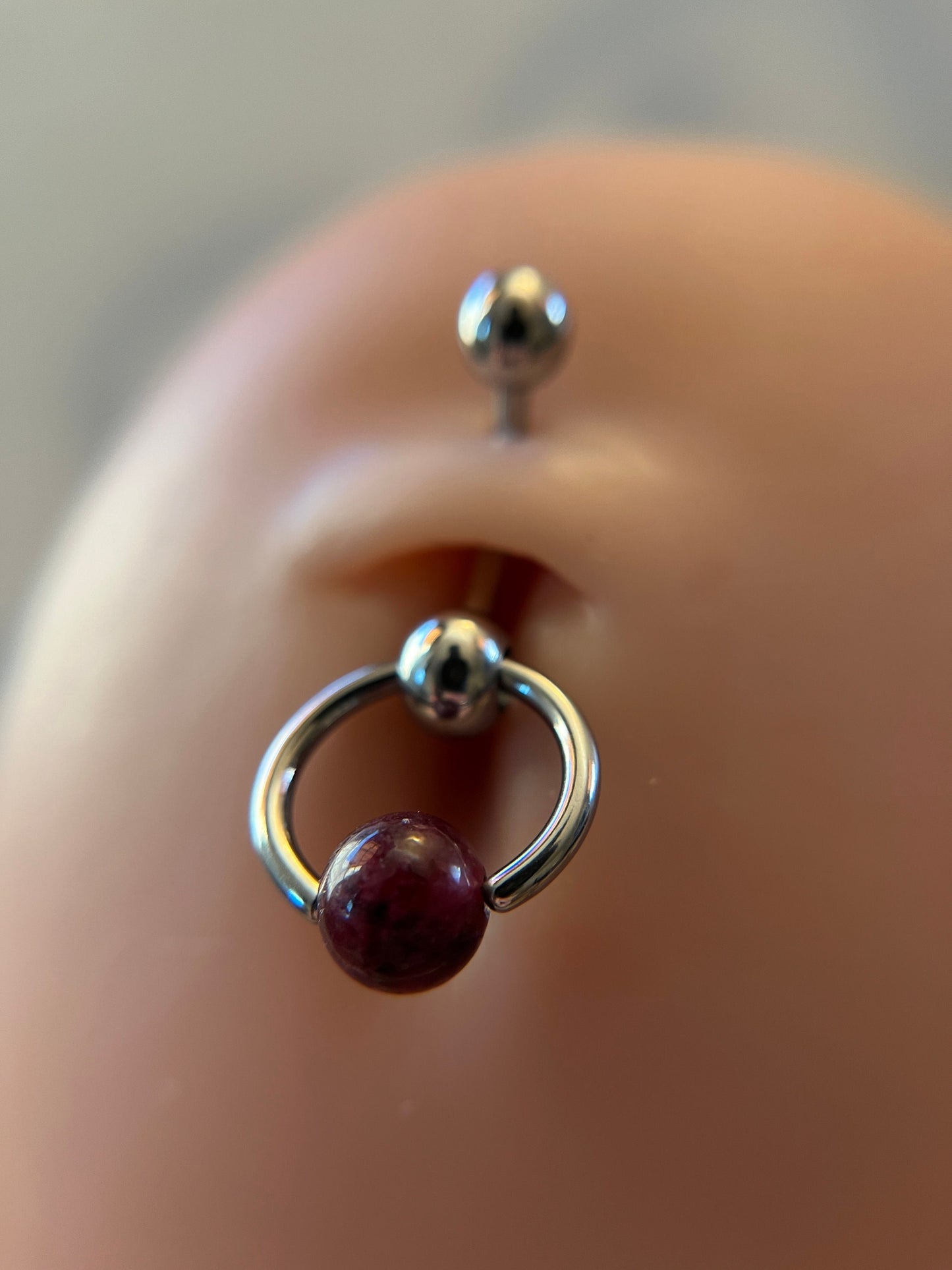 Natural Deep Red Garnet Stone Slave Knocker Floating Belly Navel VCH Christina Barbell 14G (1.6mm) Piercing 316L Surgical Steel Bar Ring