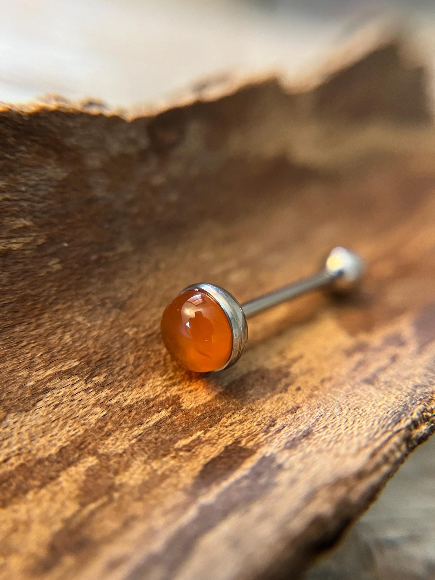 Natural Carnelian Agate Stone Tongue Ring Barbell 14G (1.6mm) Piercing Custom Length Bar Bezel Set Hypoallergenic 316L Surgical Steel