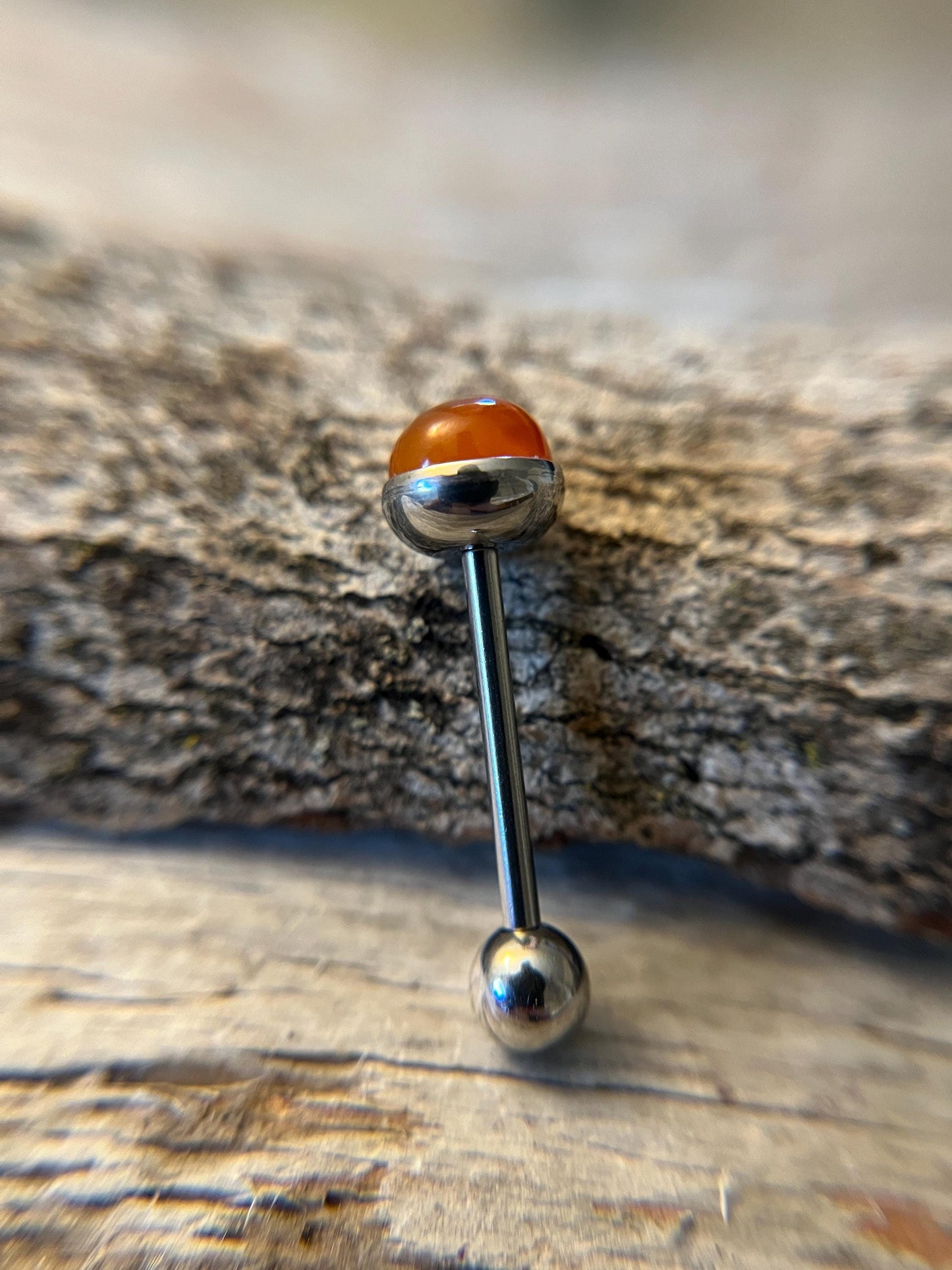 Natural Carnelian Agate Stone Tongue Ring Barbell 14G (1.6mm) Piercing Custom Length Bar Bezel Set Hypoallergenic 316L Surgical Steel
