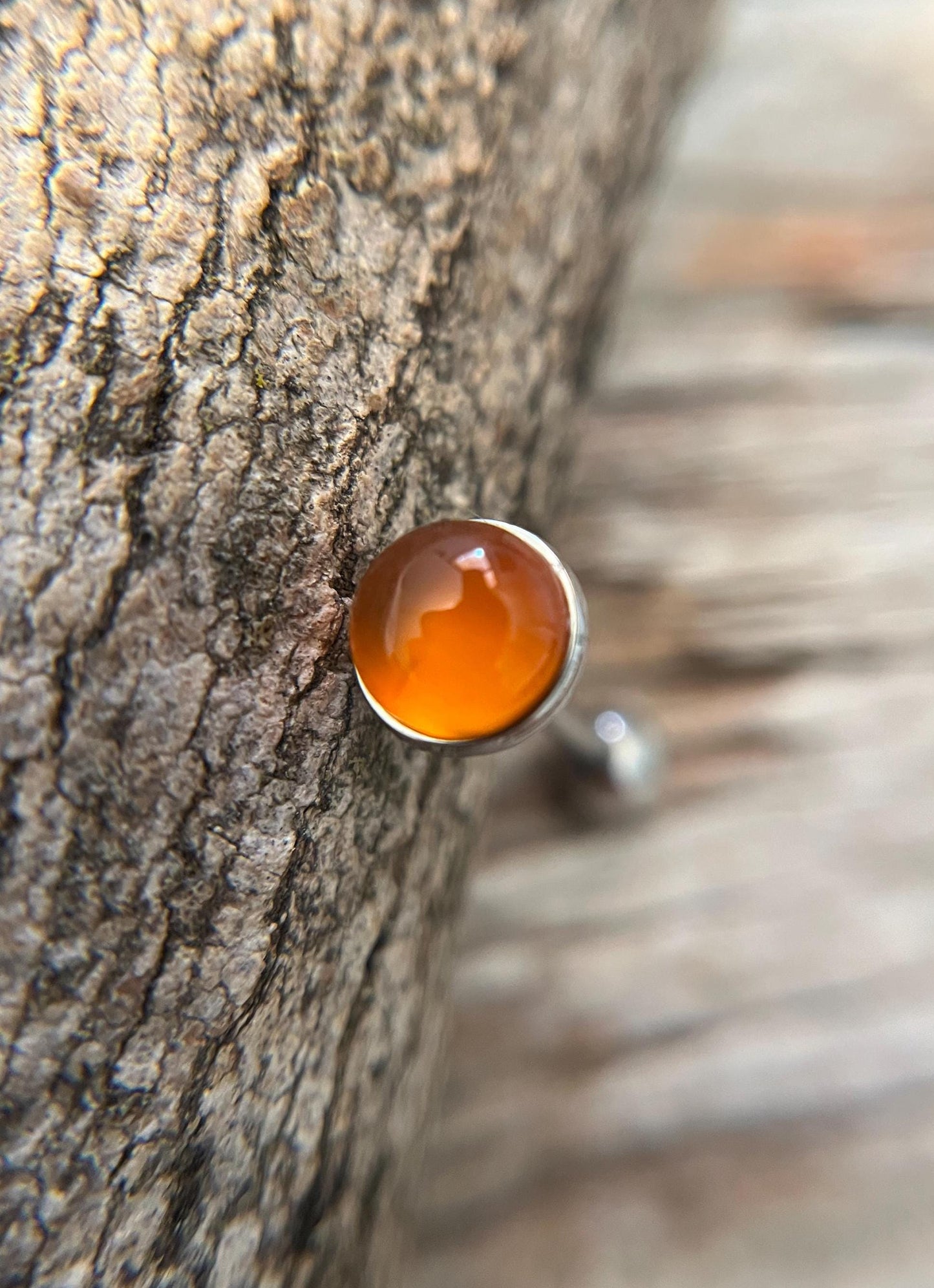 Natural Carnelian Agate Stone Tongue Ring Barbell 14G (1.6mm) Piercing Custom Length Bar Bezel Set Hypoallergenic 316L Surgical Steel