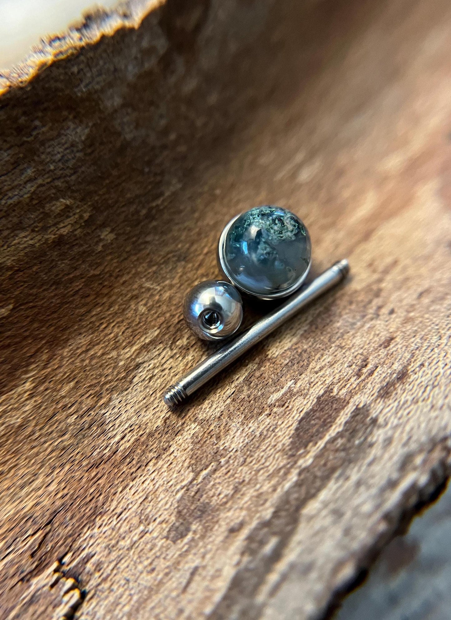 Natural Moss Agate Stone Tongue Ring Barbell 14G (1.6mm) Piercing Custom Length Bar Bezel Set Hypoallergenic 316L Surgical Steel