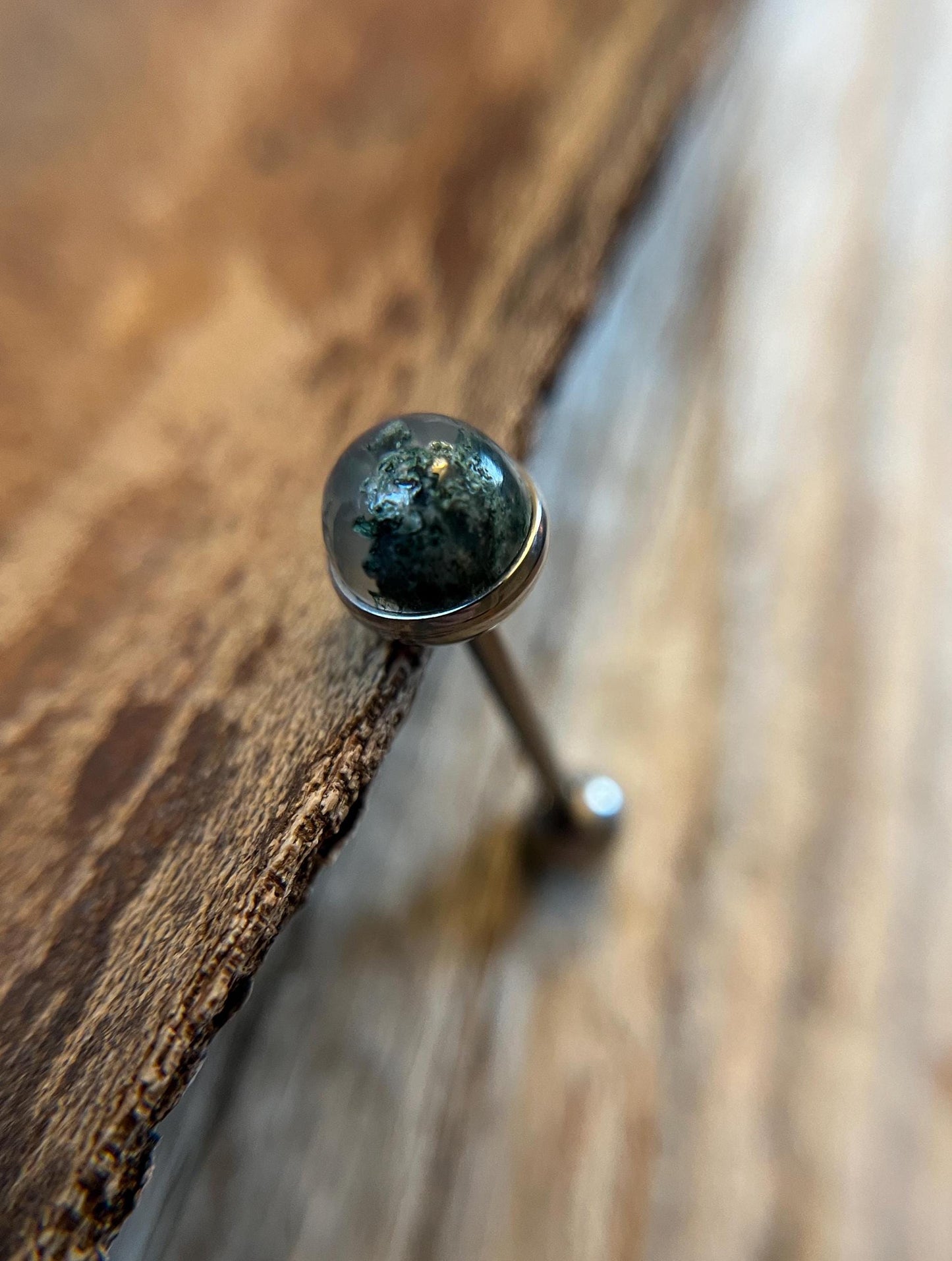 Natural Moss Agate Stone Tongue Ring Barbell 14G (1.6mm) Piercing Custom Length Bar Bezel Set Hypoallergenic 316L Surgical Steel