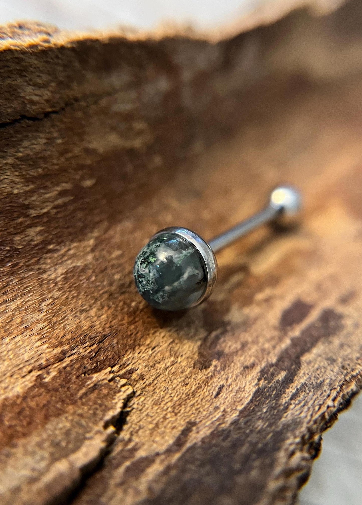 Natural Moss Agate Stone Tongue Ring Barbell 14G (1.6mm) Piercing Custom Length Bar Bezel Set Hypoallergenic 316L Surgical Steel