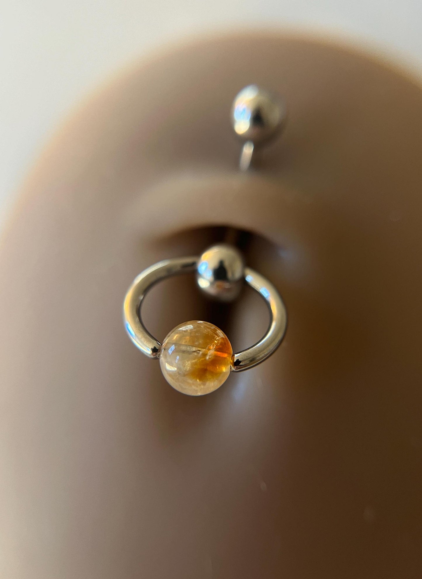 Natural Golden Citrine Stone Slave Knocker Floating Belly Navel VCH Christina Barbell 14G (1.6mm) Piercing 316L Surgical Steel Bar Ring