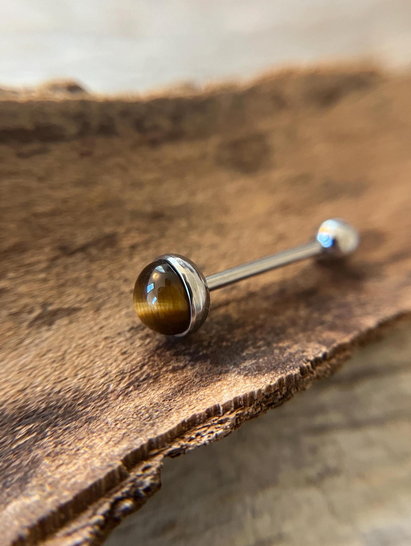 Natural Yellow Tiger's Eye Stone Tongue Ring Barbell 14G (1.6mm) Piercing Custom Length Bar Bezel Set Hypoallergenic 316L Surgical Steel