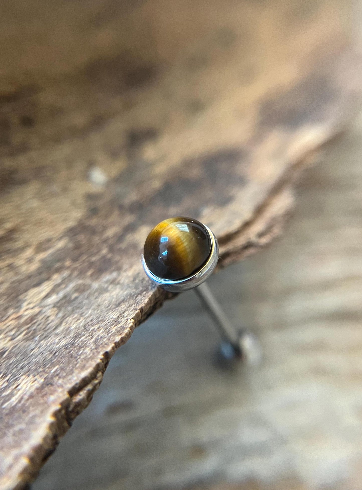 Natural Yellow Tiger's Eye Stone Tongue Ring Barbell 14G (1.6mm) Piercing Custom Length Bar Bezel Set Hypoallergenic 316L Surgical Steel