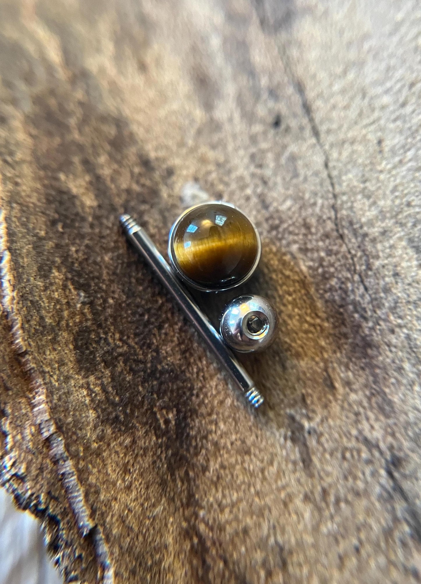 Natural Yellow Tiger's Eye Stone Tongue Ring Barbell 14G (1.6mm) Piercing Custom Length Bar Bezel Set Hypoallergenic 316L Surgical Steel