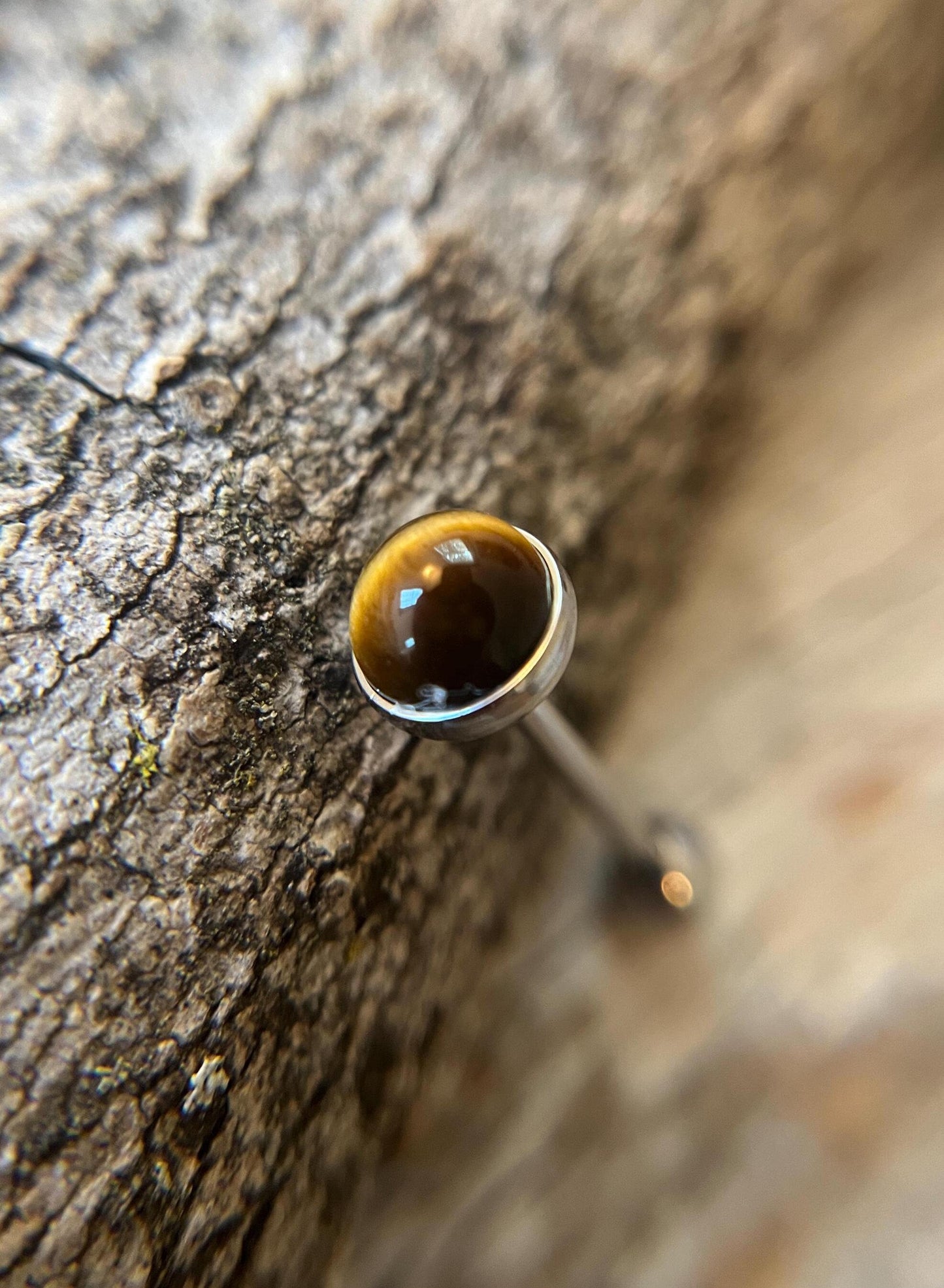 Natural Yellow Tiger's Eye Stone Tongue Ring Barbell 14G (1.6mm) Piercing Custom Length Bar Bezel Set Hypoallergenic 316L Surgical Steel