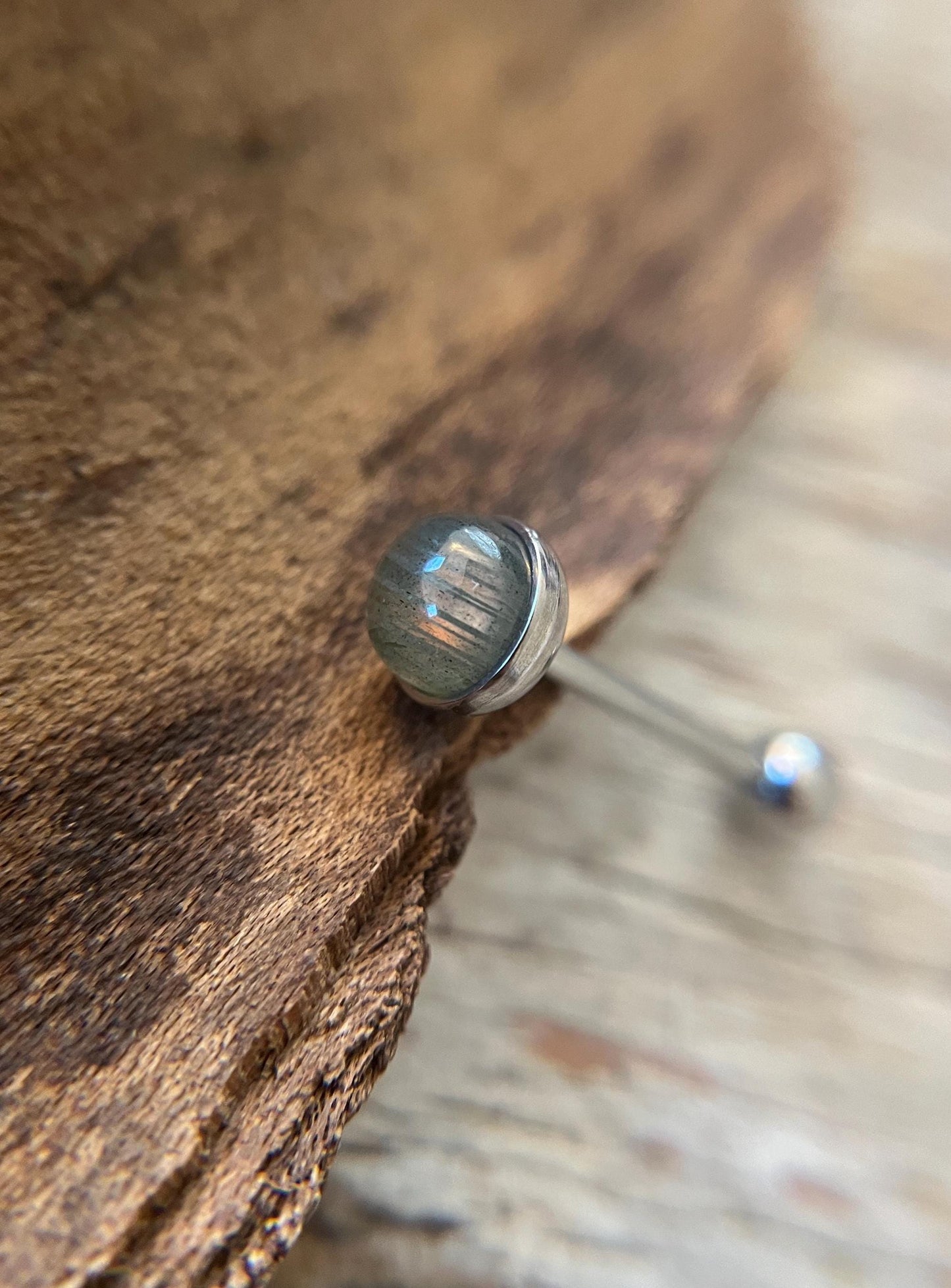 Natural Flash Labradorite Stone Tongue Ring Barbell 14G (1.6mm) Piercing Custom Length Bar Bezel Set Hypoallergenic 316L Surgical Steel