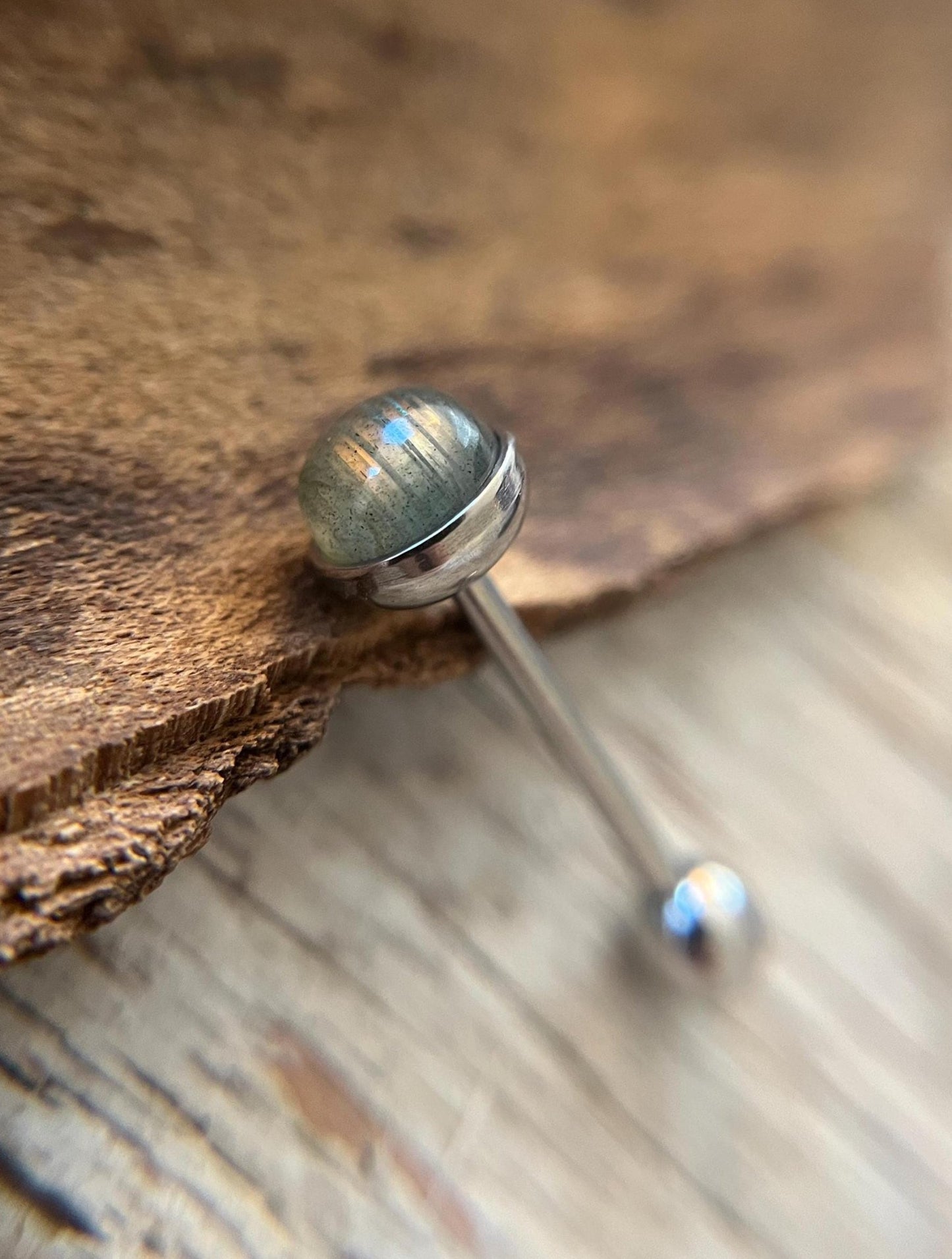 Natural Flash Labradorite Stone Tongue Ring Barbell 14G (1.6mm) Piercing Custom Length Bar Bezel Set Hypoallergenic 316L Surgical Steel