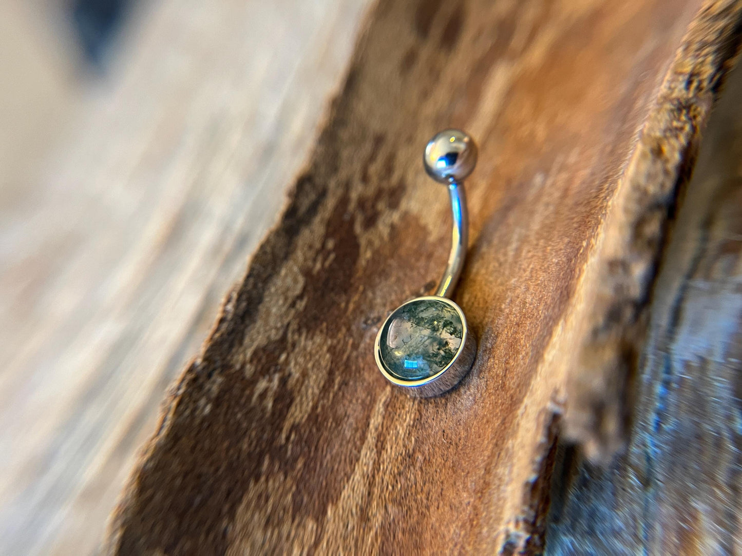 Natural Moss Agate Stone Belly Ring Floating Navel VCH Piercing Barbell 14G (1.6mm) Custom Length Bar Bezel Set 316L Surgical Steel