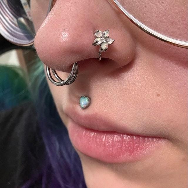 Silver Fire Opal Glitter Flower Nose Ring Hoop 20G (.81mm) Miyuki Glass Bead Nose Cartilage Tragus Piercing