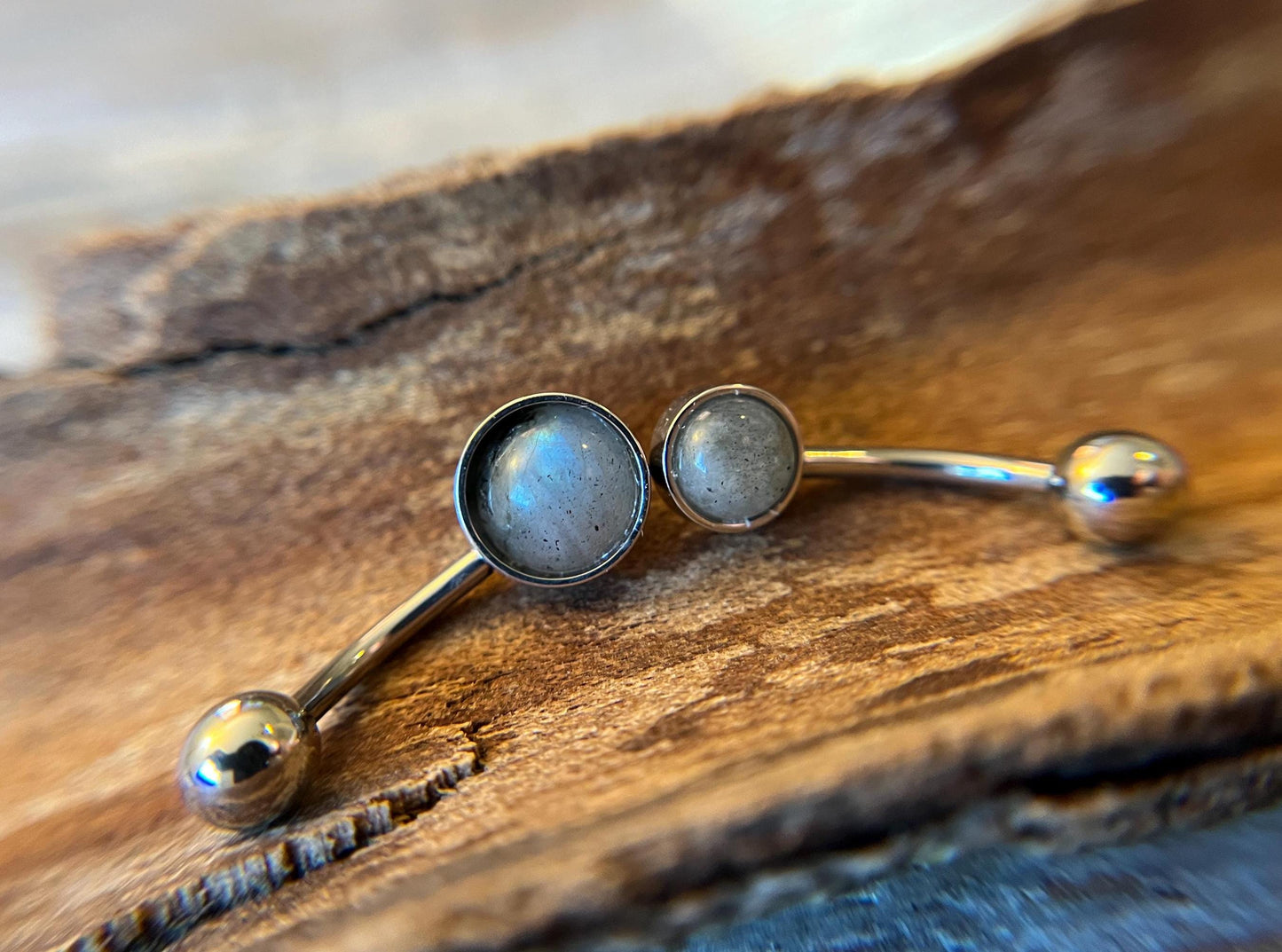 Natural Flash Labradorite Stone Belly Ring Floating Navel VCH Piercing Barbell 14G (1.6mm) Custom Length Bar Bezel Set 316L Surgical Steel