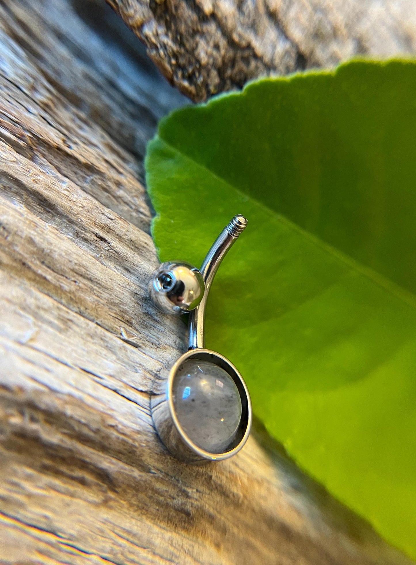 Natural Flash Labradorite Stone Belly Ring Floating Navel VCH Piercing Barbell 14G (1.6mm) Custom Length Bar Bezel Set 316L Surgical Steel
