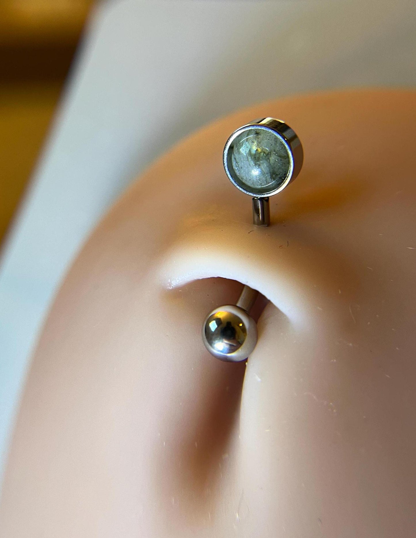Natural Flash Labradorite Stone Belly Ring Floating Navel VCH Piercing Barbell 14G (1.6mm) Custom Length Bar Bezel Set 316L Surgical Steel