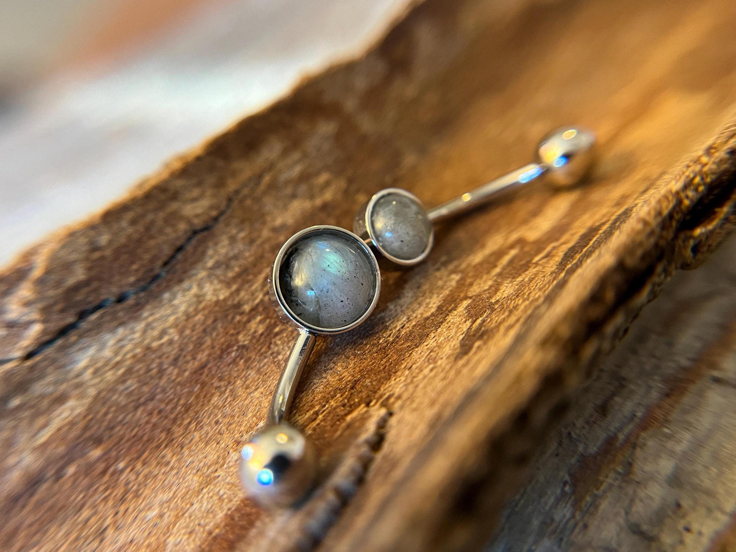 Natural Flash Labradorite Stone Belly Ring Floating Navel VCH Piercing Barbell 14G (1.6mm) Custom Length Bar Bezel Set 316L Surgical Steel