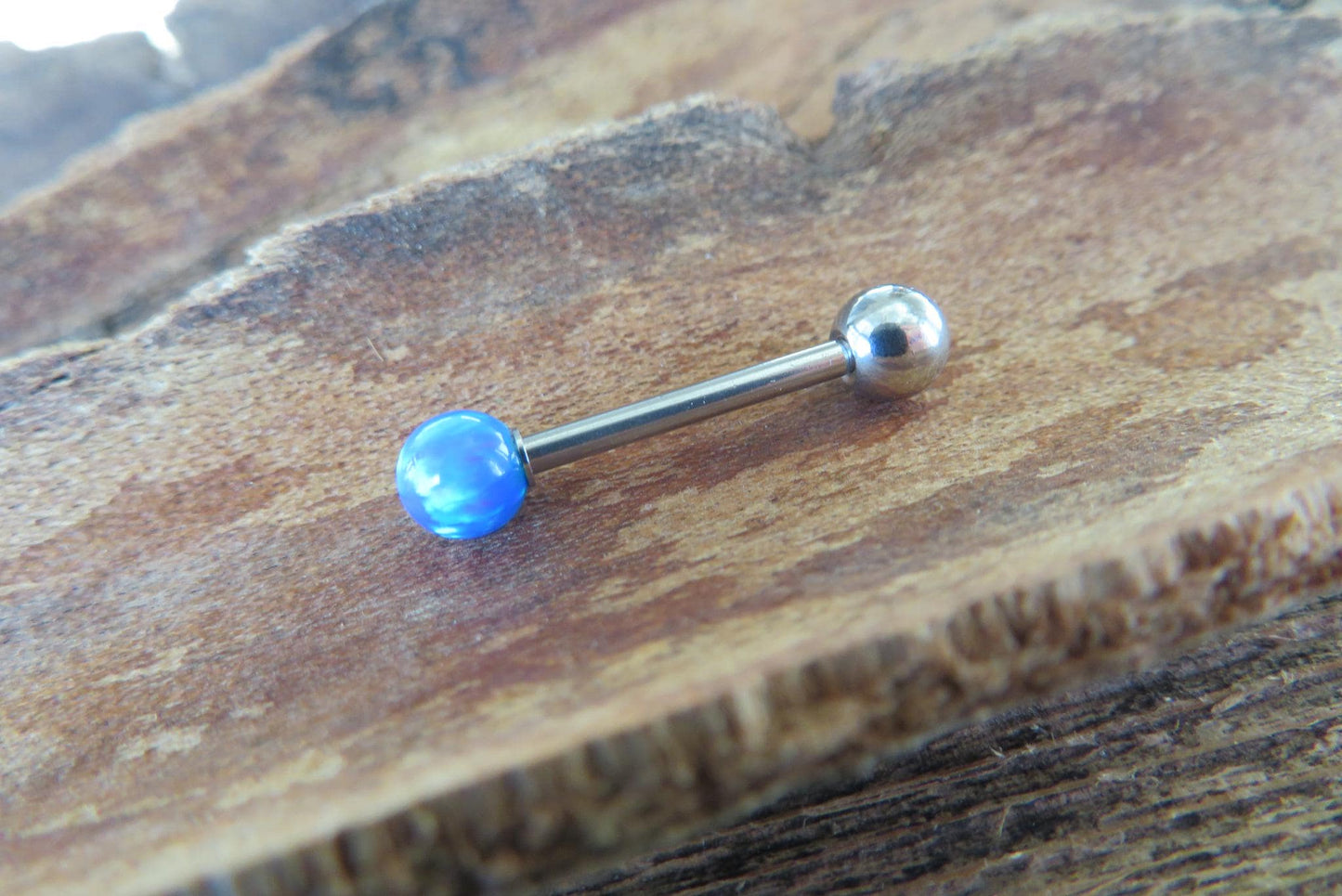 Light Baby Blue Fire Opal Solid 316L Surgical Steel or Implant Grade Titanium Stone Barbell Tongue Ring 14G (1.6mm) Piercing Custom Length