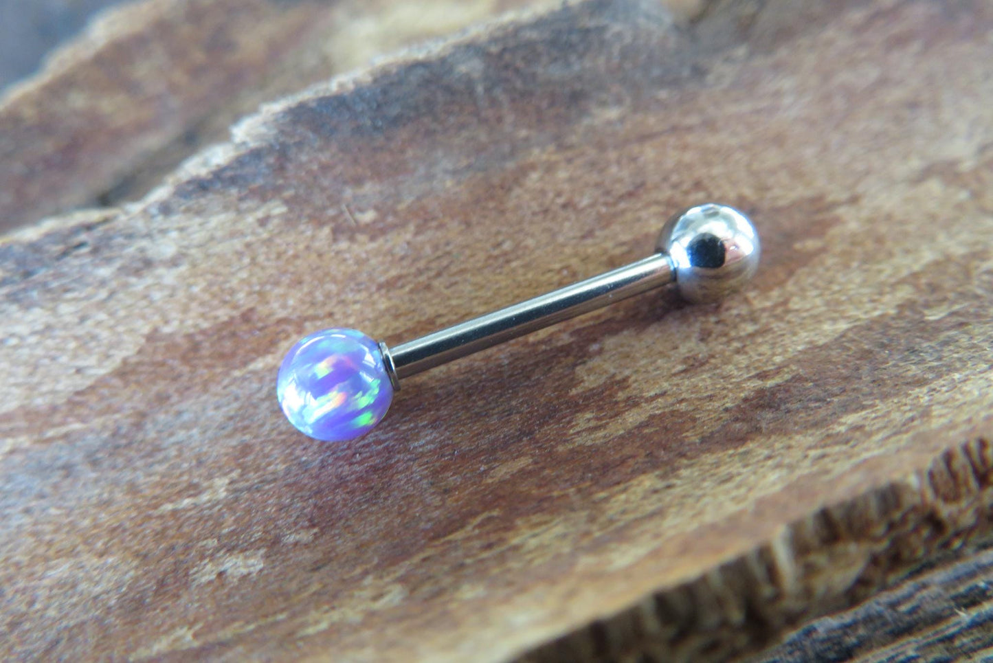 Light Baby Blue Fire Opal Solid 316L Surgical Steel or Implant Grade Titanium Stone Barbell Tongue Ring 14G (1.6mm) Piercing Custom Length