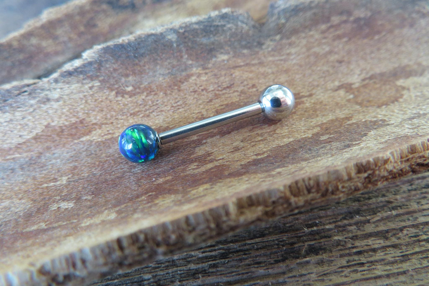 Light Baby Blue Fire Opal Solid 316L Surgical Steel or Implant Grade Titanium Stone Barbell Tongue Ring 14G (1.6mm) Piercing Custom Length