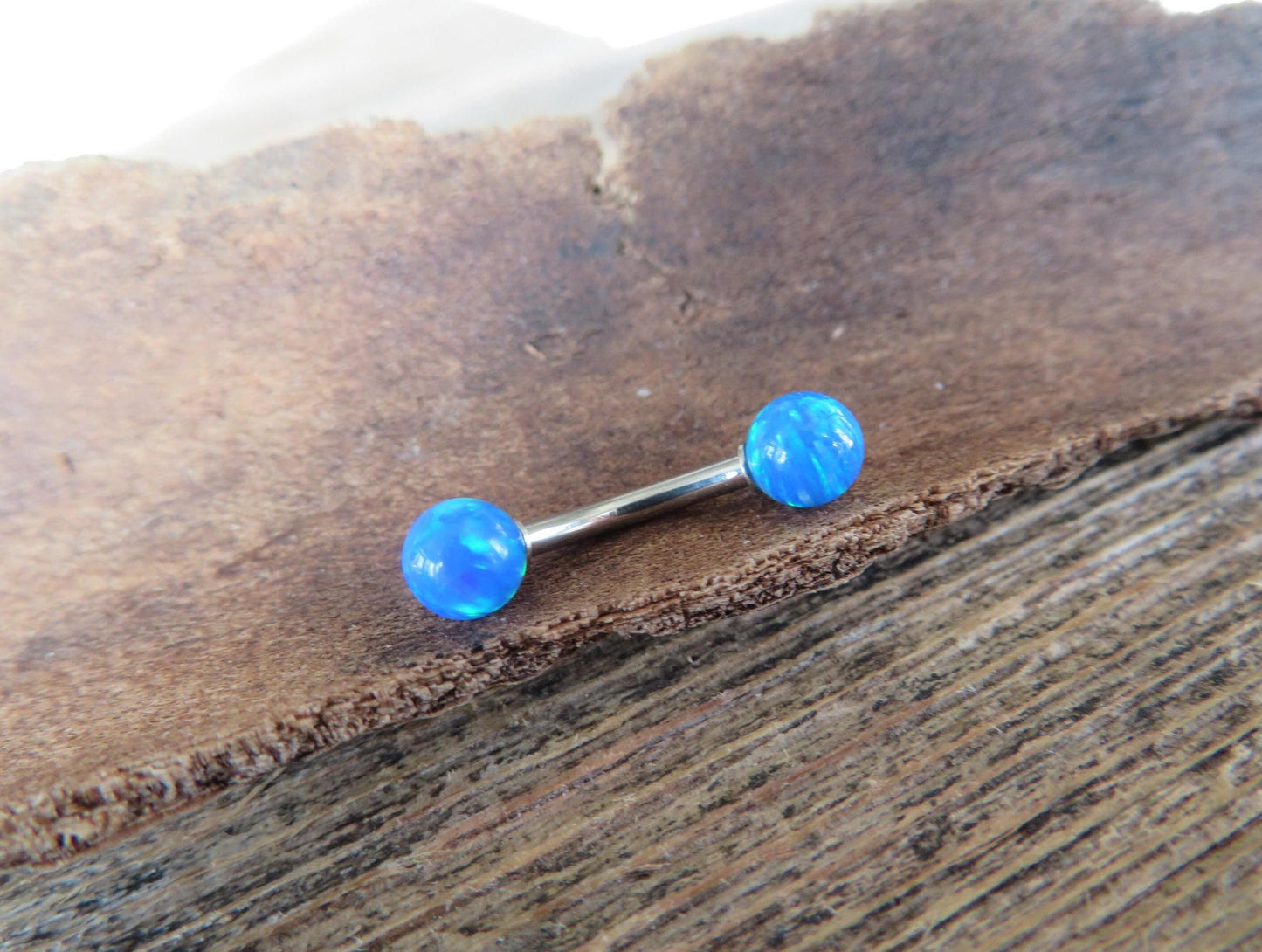 Ocean Blue Fire Opal Stone Surgical Steel or Solid Titanium Custom Length Floating Belly Ring Curve VCH Piercing 14G (1.6mm) Curved Barbell